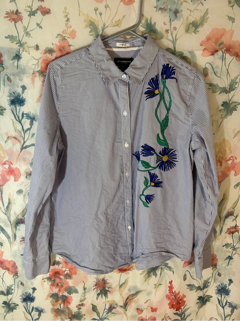 Liz Claiborne Blue and White Striped Shirt with Blue Floral Embroidery